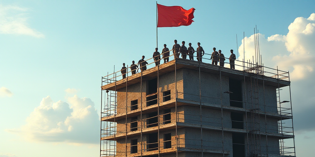 a group of men standing on top of a tall building under construction with scaffolding around them an