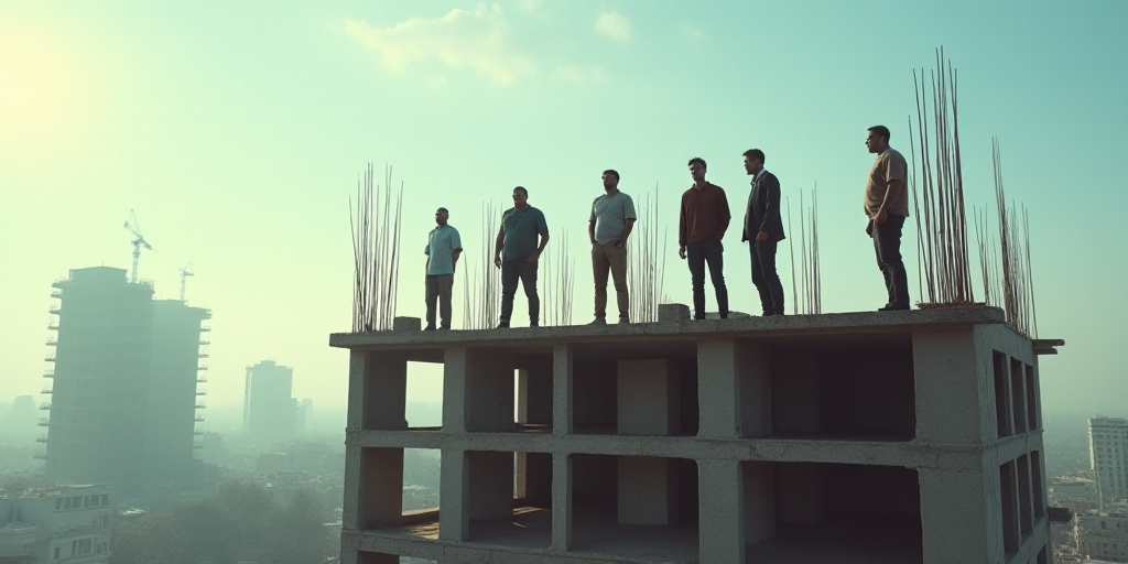 a group of men standing on top of a building under construction with a sky background and a few buil