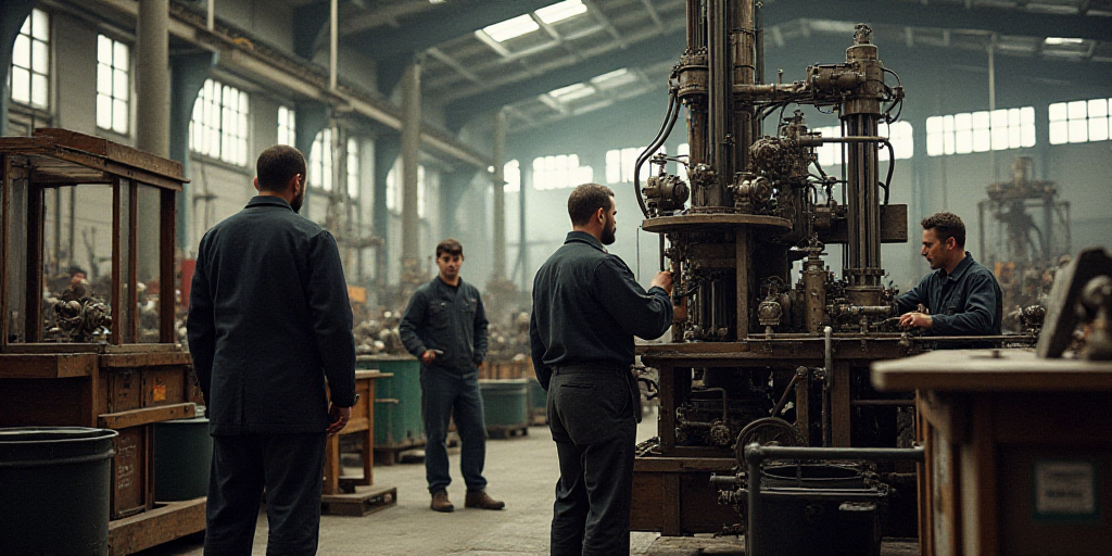 a group of men working on a machine in a factory with a man standing next to it and another man stan