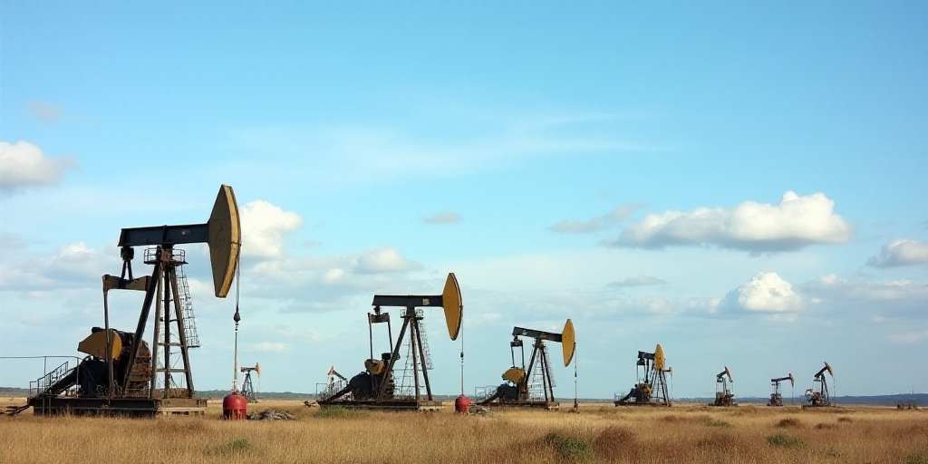 a group of oil pumps sitting on top of a field under a blue sky with clouds in the background, Dahlo