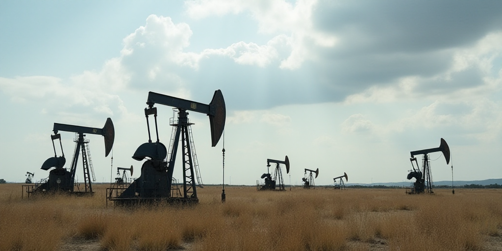 a group of oil pumps sitting on top of a field under a cloudy sky with clouds in the background, And