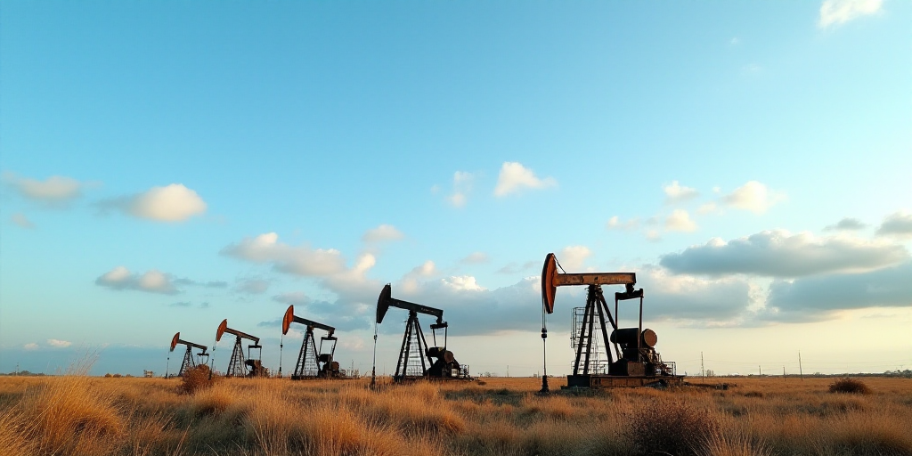 a group of oil pumps sitting on top of a field under a blue sky with clouds in the background, Dahlo