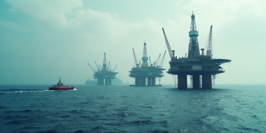 a group of oil rigs in the middle of the ocean with a boat in the water below them, Dahlov Ipcar, oi