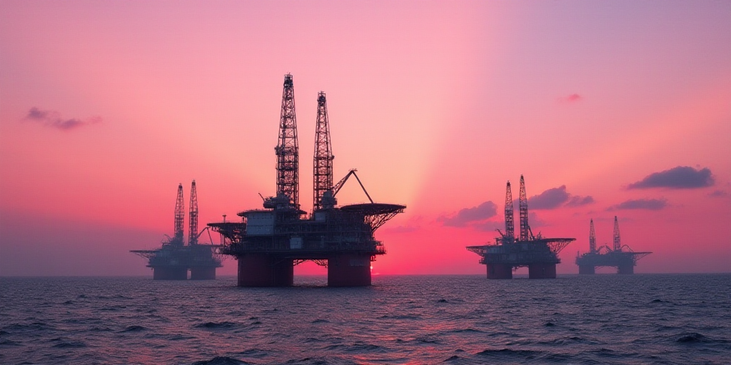 a group of oil rigs in the middle of the ocean at sunset with a pink sky in the background, Andreas