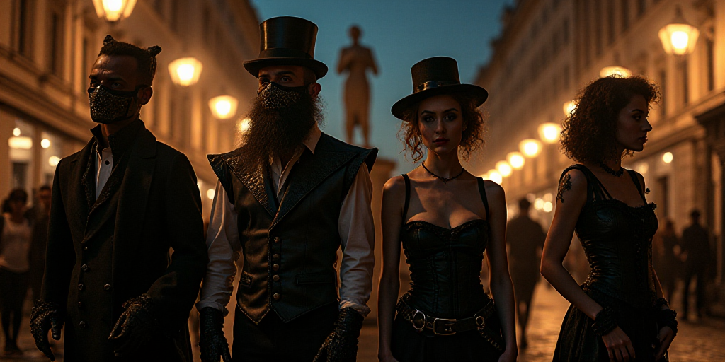 a group of people dressed up in costumes standing in a street at night with a statue in the backgrou