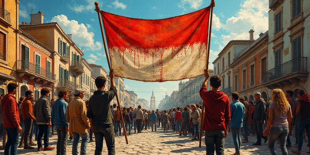 a group of people holding a banner in a street with buildings in the background and a crowd of peopl