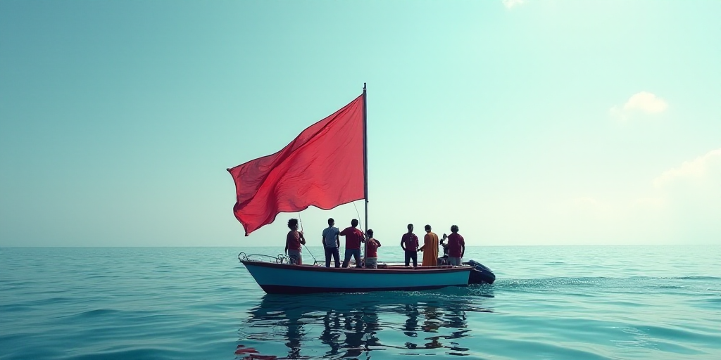 a group of people holding a flag on a boat in the ocean with a flag in the foreground, Aquirax Uno,