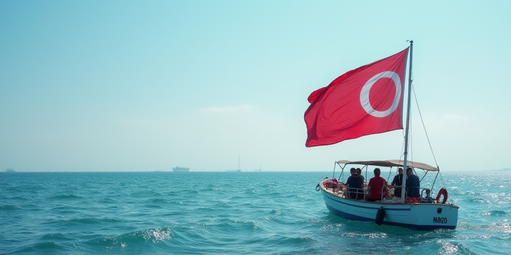a group of people holding a flag on a boat in the ocean with a flag in the foreground, Aquirax Uno,
