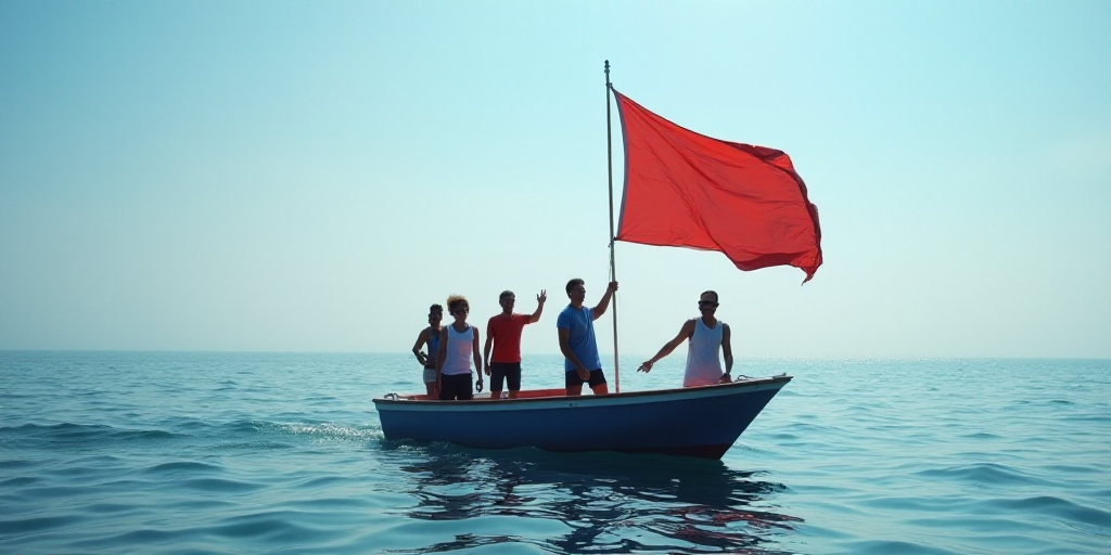 a group of people holding a flag on a boat in the ocean with a flag in the foreground, Aquirax Uno,