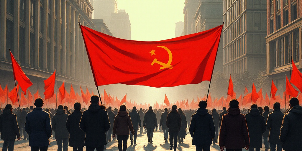 a group of people holding a red banner in a city street with tall buildings in the background and a
