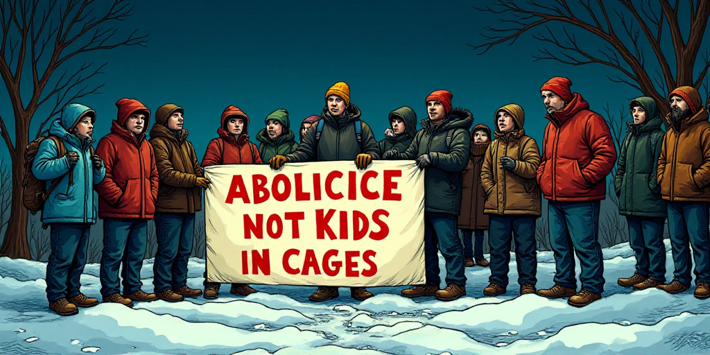 a group of people holding a sign that says abolicicce not kids in cages on it at night, Art Spiegelm