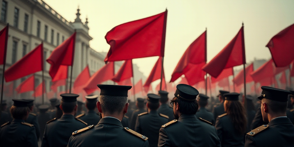 a group of people holding flags and wearing hats and uniforms with flags in the air and a building i