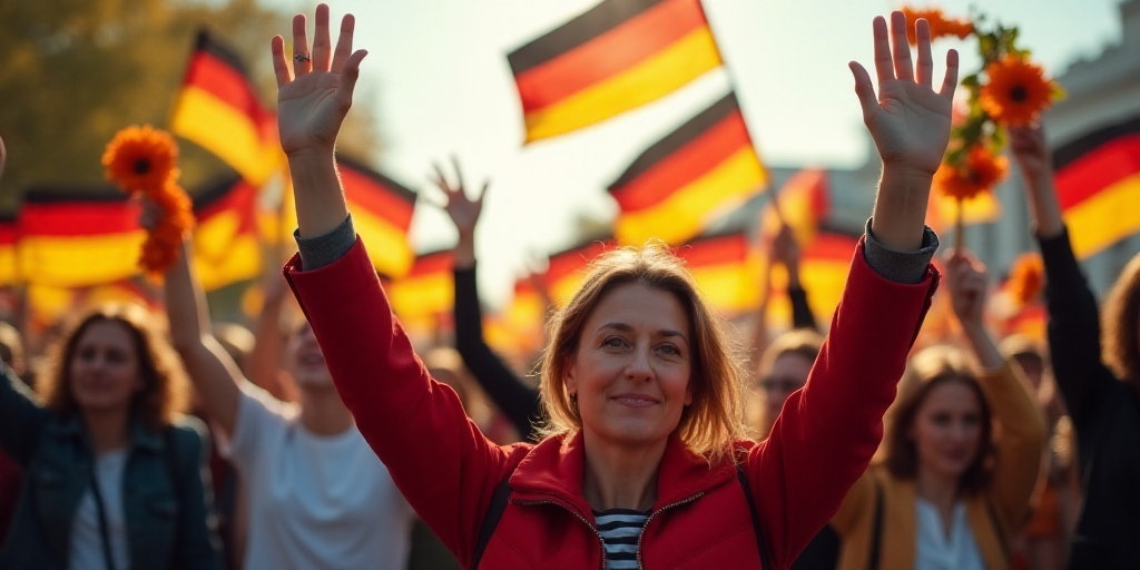 a group of people holding flags and flowers in their hands and waving to the camera with their arms