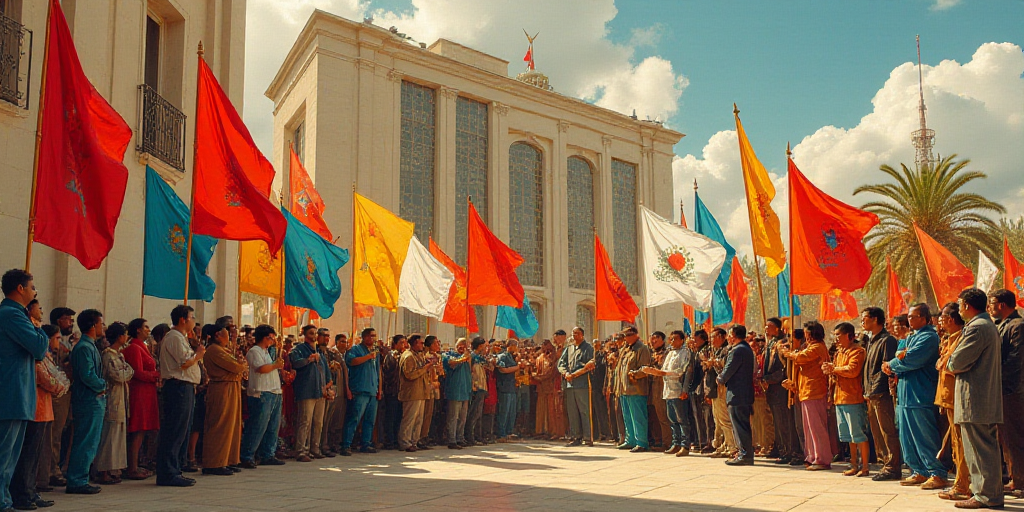 a group of people holding flags and banners in front of a building with a building in the background
