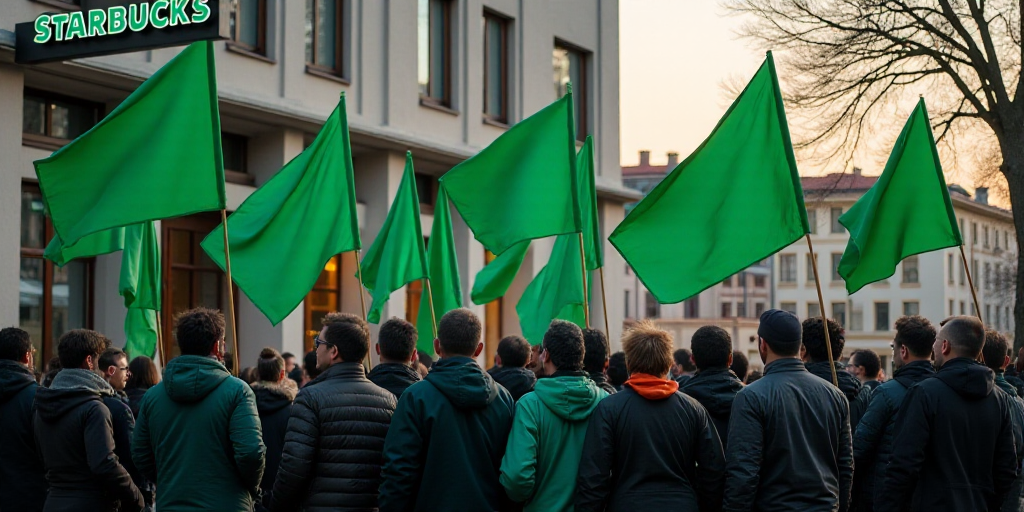 a group of people holding flags and standing in front of a building with a sign that says starbucks