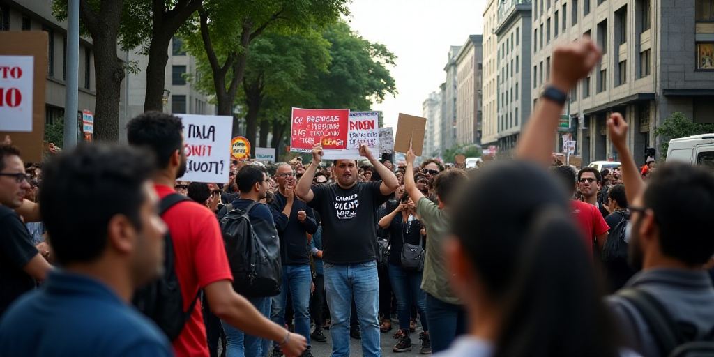a group of people holding signs and protesting in a protest in a city street with trees and building