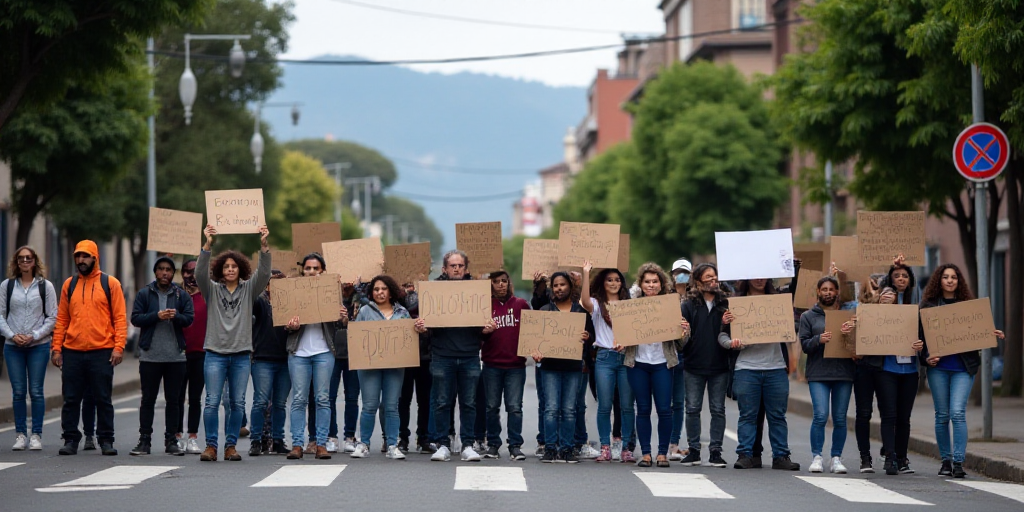 a group of people holding signs in spanish and english on a street corner with trees and buildings i