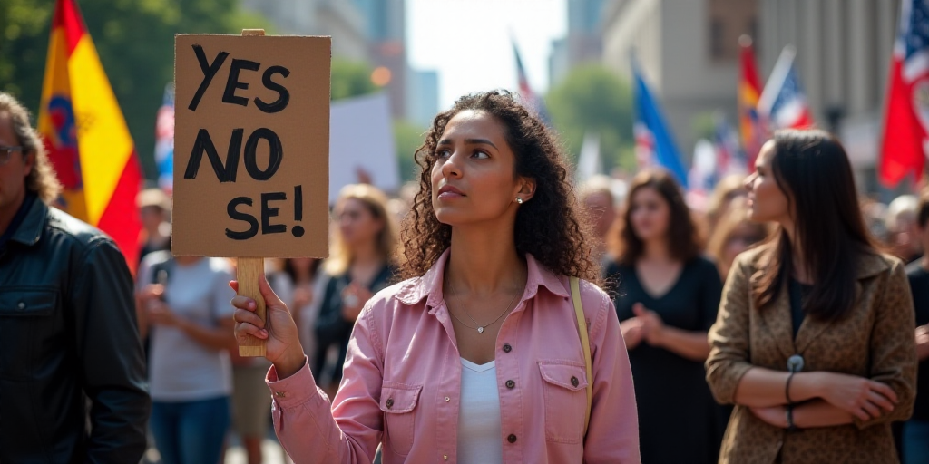 a group of people holding signs and flags in a protest area with a woman holding a sign that says ye