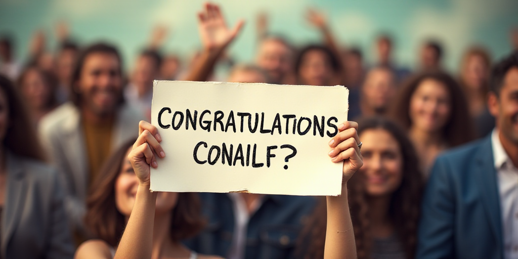 a group of people holding up a sign that says, congratulations conailf? with a group of people in th