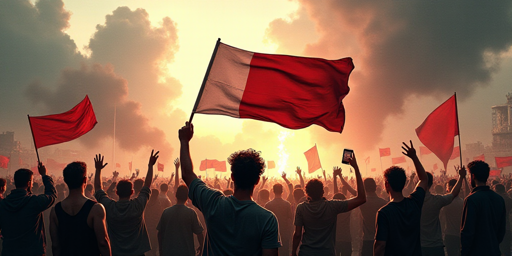 a group of people holding up a flag and a banner with a flag on it and a man holding a cell phone, B