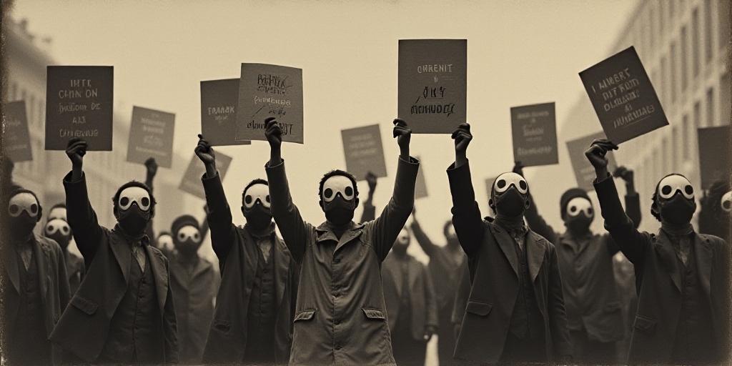 a group of people holding up signs and wearing masks in the air with words written on them and weari