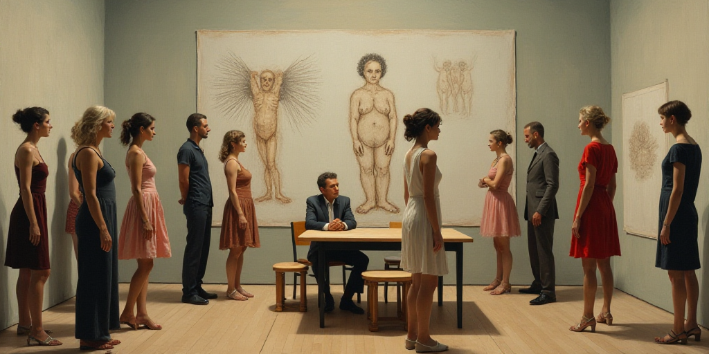 a group of people in a room with a drawing on the wall and a table with chairs and stools, Évariste