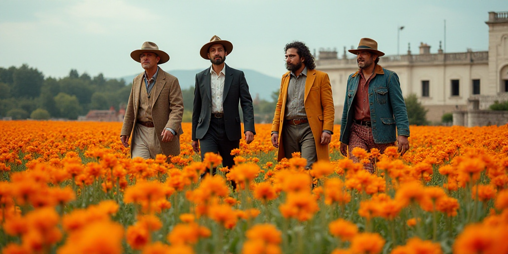 a group of people in costume walking through a field of flowers with orange flowers in front of them