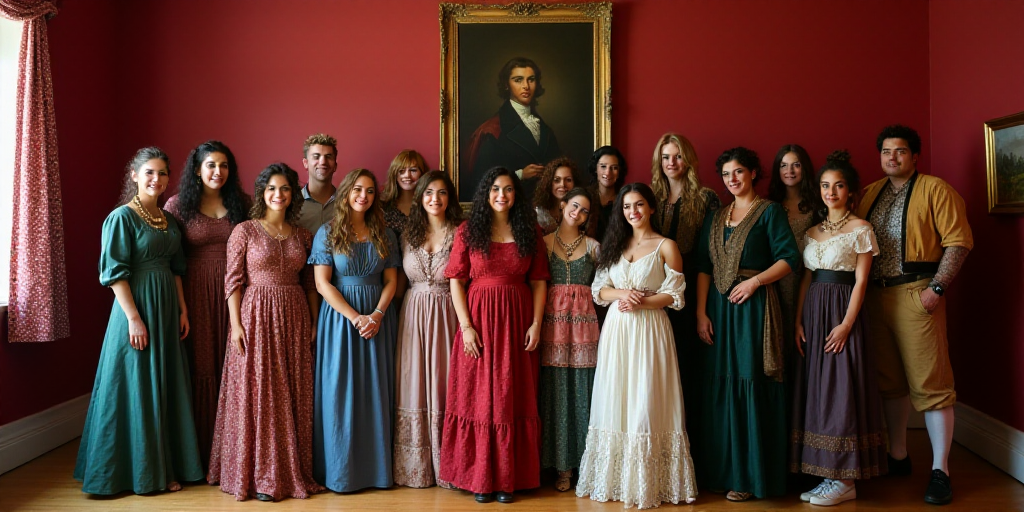 a group of people in costumes posing for a picture together in a room with a red wall and a painting