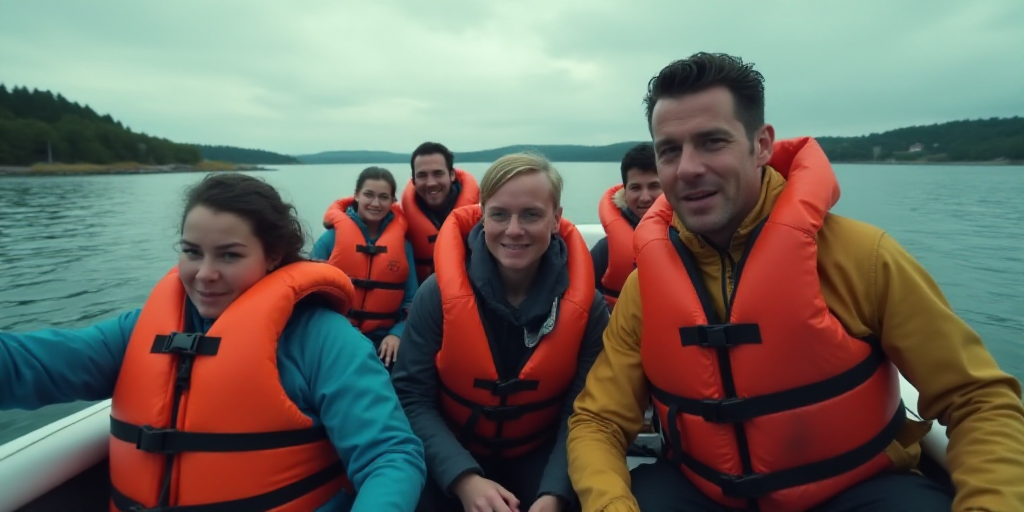 a group of people in life jackets on a boat in the water with life vests on and a life jacket on, Fe