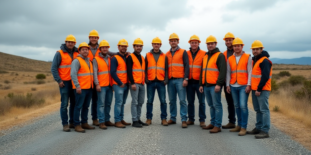 a group of people in safety vests and hard hats posing for a picture together on a gravel road, Aqui