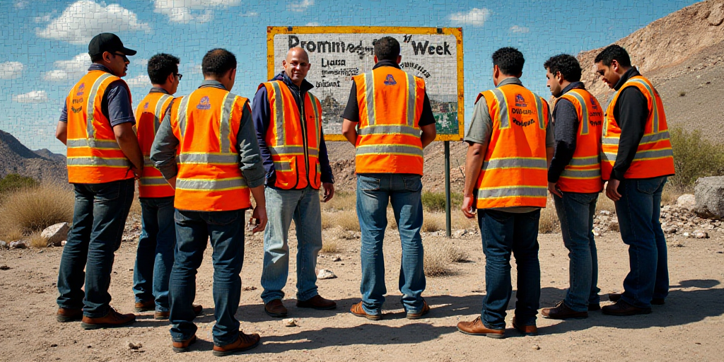 a group of people in safety vests standing around a sign with a sign on it that says program of the