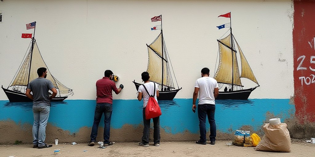 a group of people painting a wall with boats on it and flags on it and a man standing next to a wall