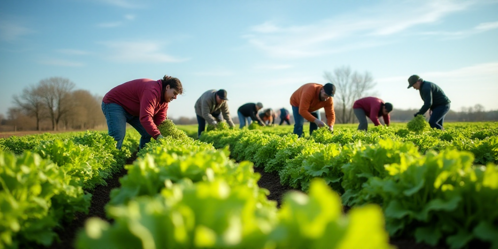 a group of people picking lettuce in a field with a sky background and a blue sky in the background,