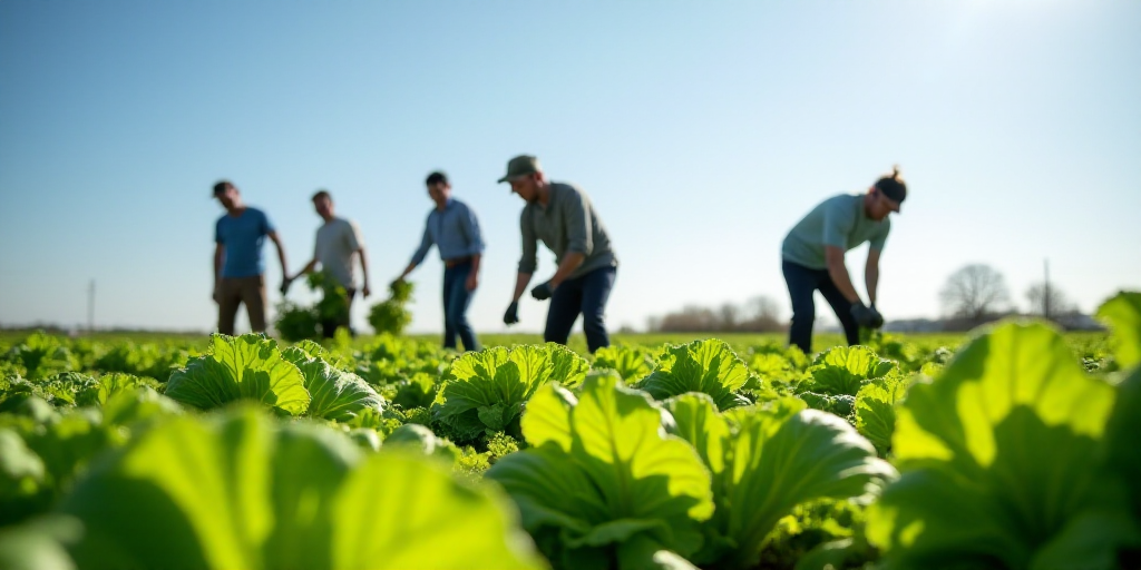 a group of people picking lettuce in a field with a sky background and a blue sky in the background,