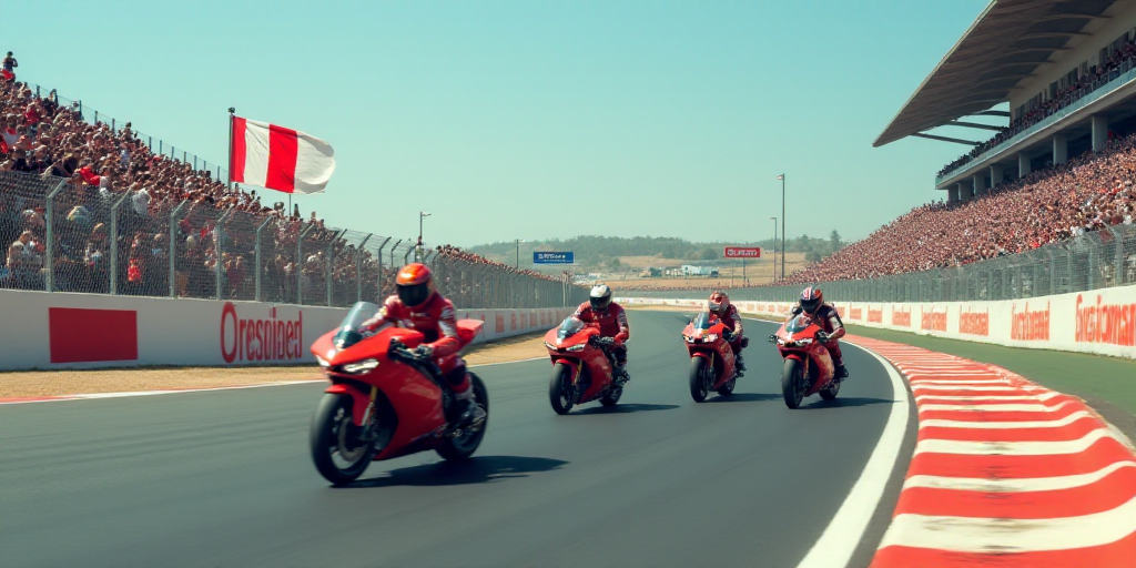 a group of people riding motorcycles on a race track with a crowd watching from the stands behind th
