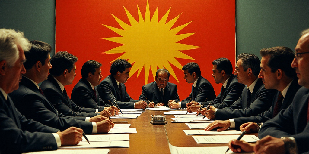a group of people sitting around a table with papers and pens in front of them and a flag behind the