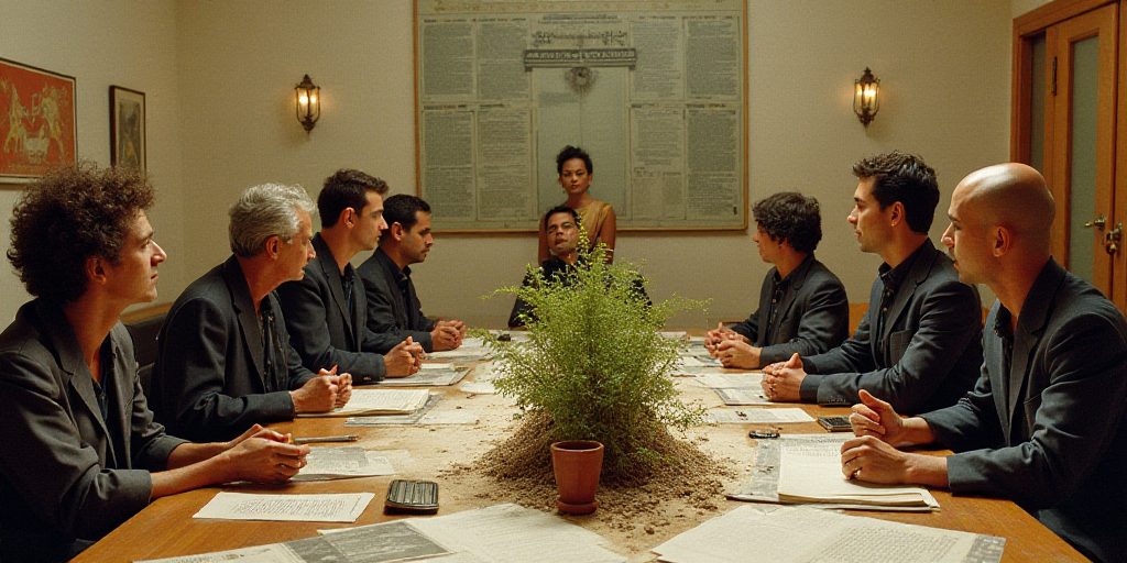 a group of people sitting around a table with plants in the middle of it and a sign that says instit