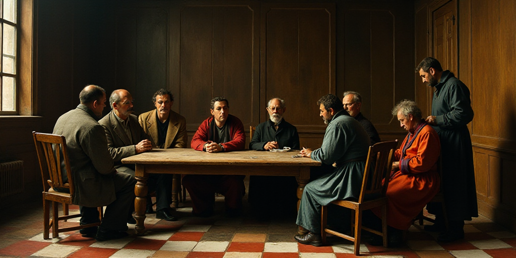 a group of people sitting around a table in a room with wooden walls and a checkered flooring, Carlo