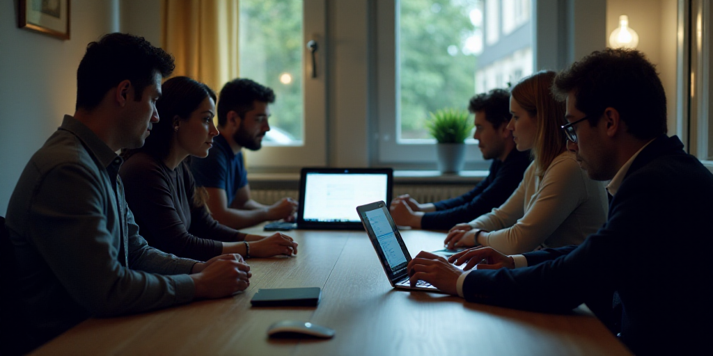 a group of people sitting around a table with a tablet computer and a keyboard and mouse and a monit