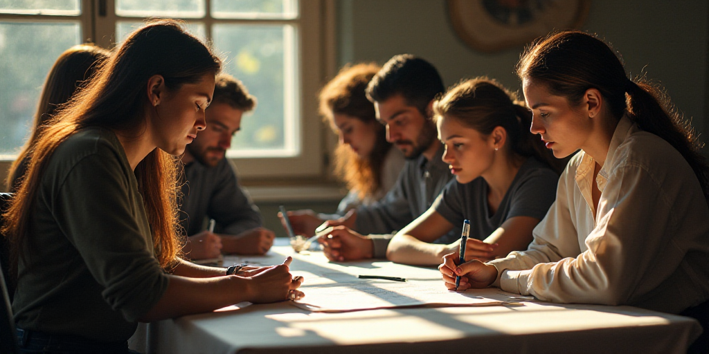 a group of people sitting around a table with a woman writing on a piece of paper with a marker, Ada