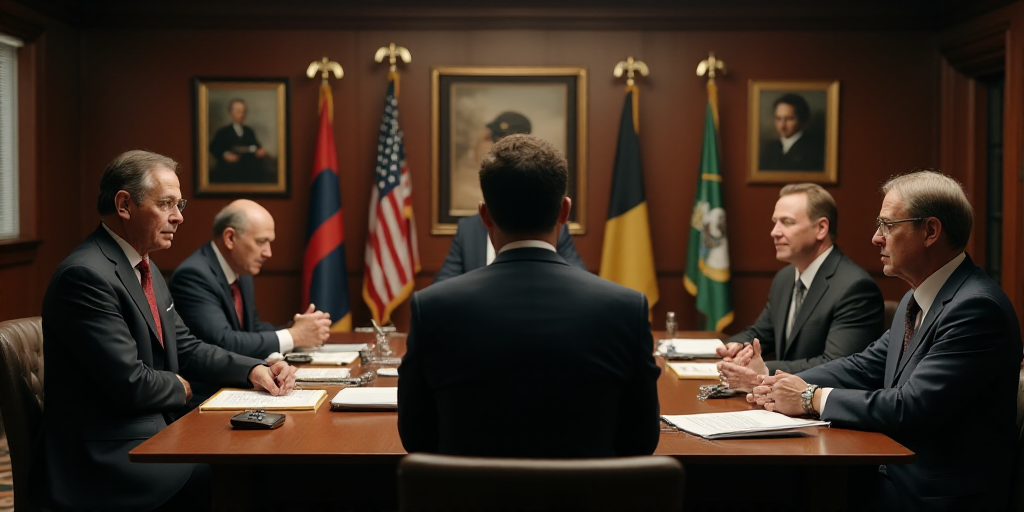 a group of people sitting around a wooden desk in a room with flags and other items on it and a man