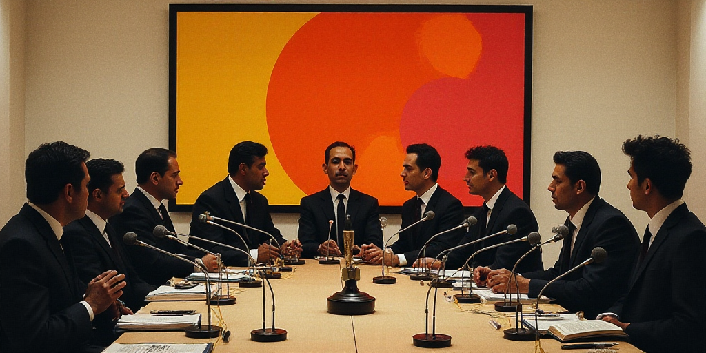 a group of people sitting at a table with microphones in front of them and a screen behind them, Dav