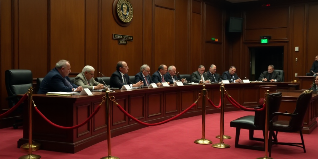 a group of people sitting at a table in a courtroom with a red carpet and rope barriers around them,