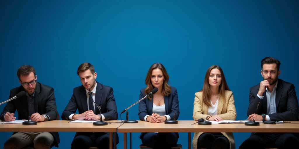a group of people sitting at a table with microphones in front of them and a blue wall behind them,