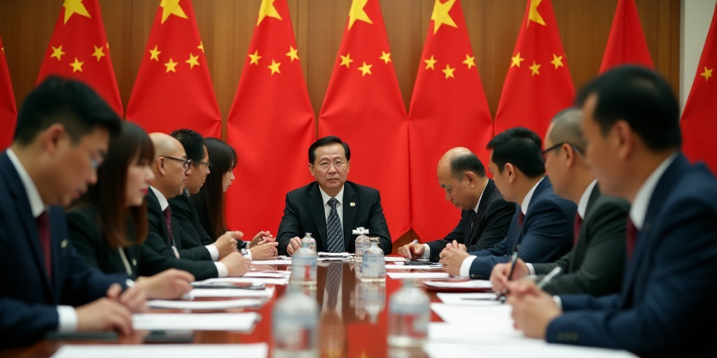 a group of people sitting at a table with papers in front of them and flags behind them in the backg