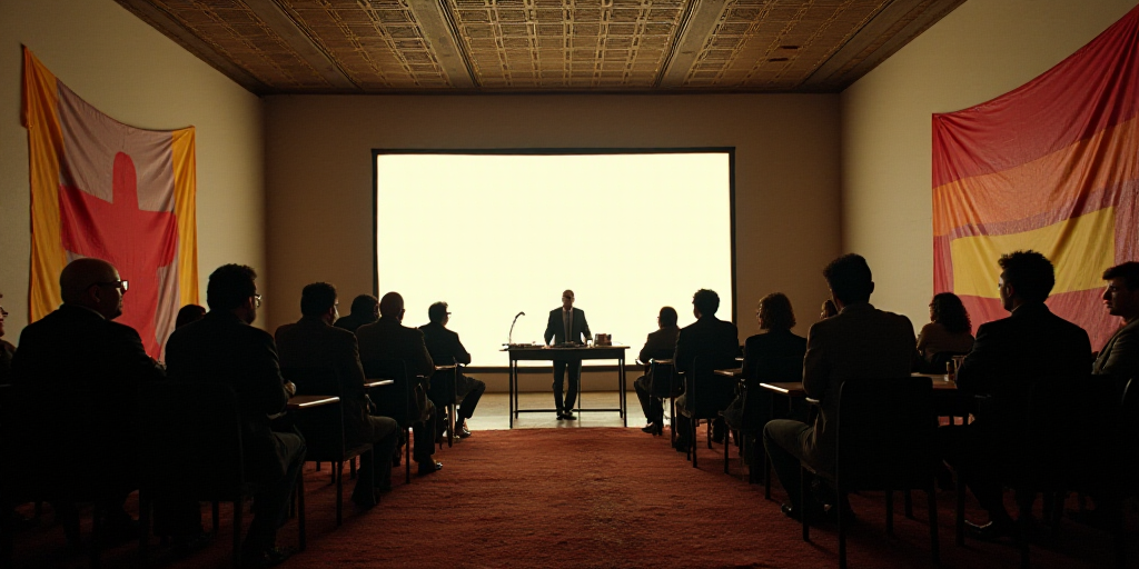 a group of people sitting at a table in a room with a large screen and a flag hanging on the wall, D
