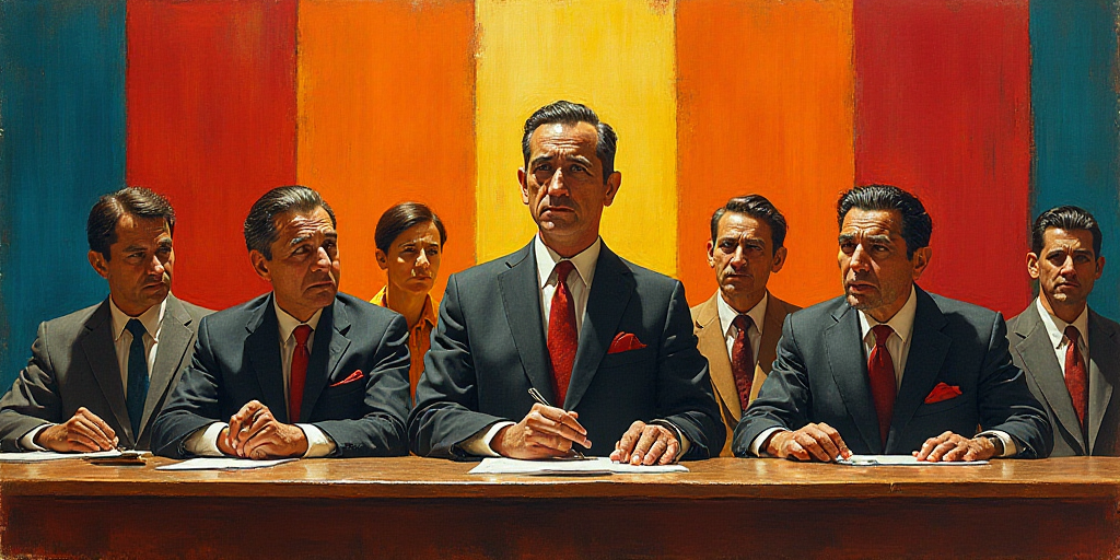 a group of people sitting at a table with flags behind them and a speaker at a podium behind them, D