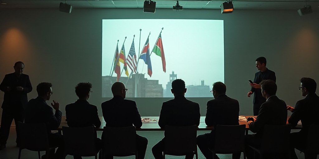 a group of people sitting at a table in front of a screen with flags on it and a projector screen be