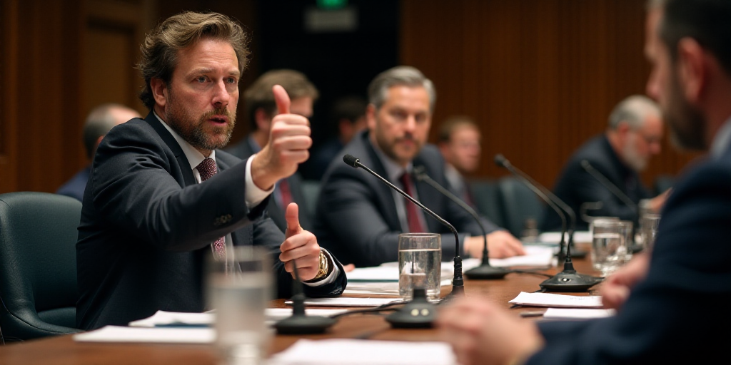 a group of people sitting at a table with microphones in front of them and a man giving a thumbs up,