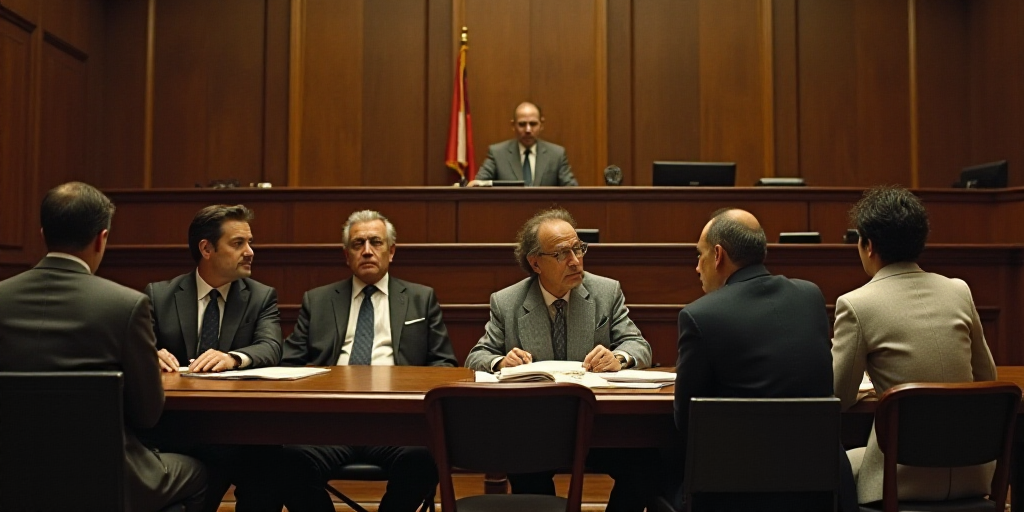 a group of people sitting at a table in a courtroom with a judge and a judge in the background, Davi